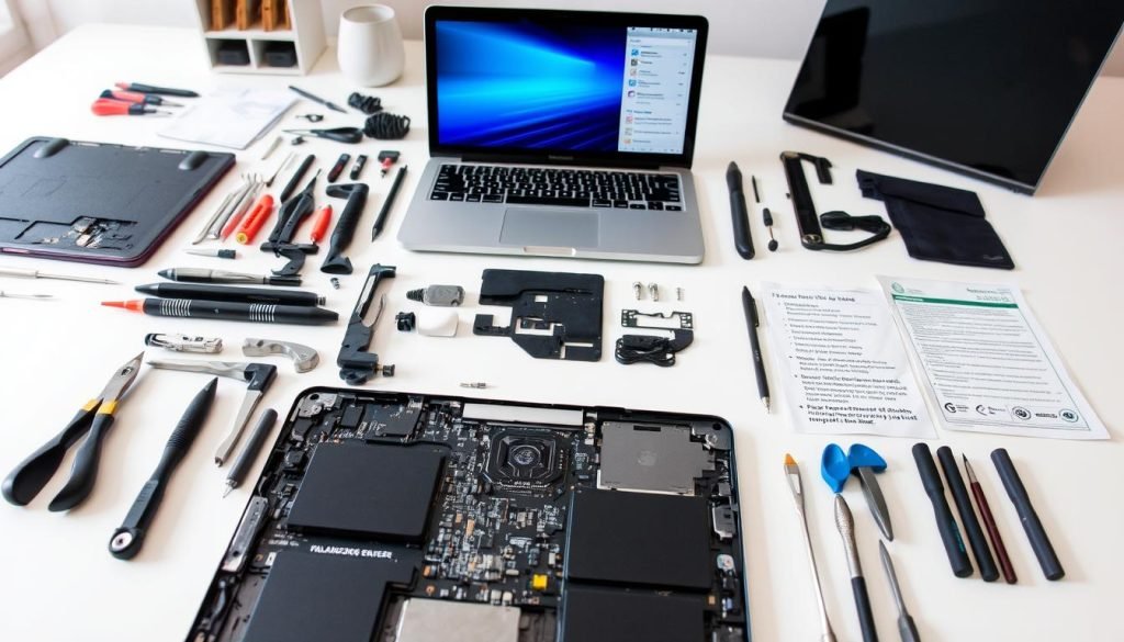 A detailed close-up view of a disassembled MacBook Pro A1398, showcasing various repair solutions. The foreground displays an array of essential tools, spare parts, and step-by-step instructions for common issues such as a faulty logic board, display problems, or battery replacement. The middle ground features the dismantled laptop, revealing its internal components. The background maintains a neutral, well-lit workspace with a clean, organized layout, conveying a professional, problem-solving atmosphere. The lighting is bright and directional, highlighting the intricate details of the repair process. The camera angle is slightly elevated, providing a comprehensive overview of the repair solutions for this particular MacBook Pro model. A detailed close-up view of a disassembled MacBook Pro A1398, showcasing various repair solutions. The foreground displays an array of essential tools, spare parts, and step-by-step instructions for common issues such as a faulty logic board, display problems, or battery replacement. The middle ground features the dismantled laptop, revealing its internal components. The background maintains a neutral, well-lit workspace with a clean, organized layout, conveying a professional, problem-solving atmosphere. The lighting is bright and directional, highlighting the intricate details of the repair process. The camera angle is slightly elevated, providing a comprehensive overview of the repair solutions for this particular MacBook Pro model.