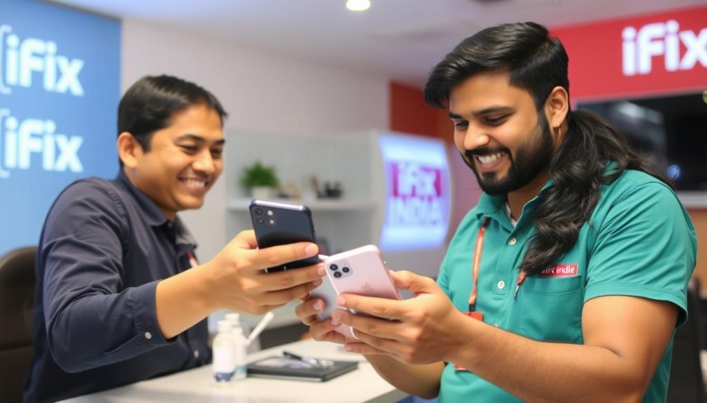 Satisfied customer receiving their repaired iPhone at iFix India Bangalore service center Satisfied customer receiving their repaired iPhone at iFix India Bangalore service center