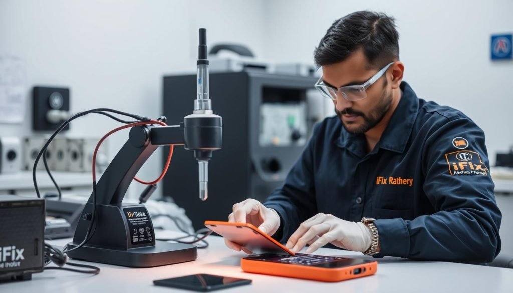 iFix India technician inspecting iPhone 11 battery quality