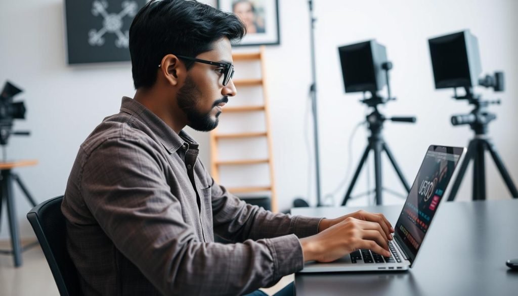 Creative professional using MacBook Pro for video editing - MacBook Buyer's Guide 2025 India
