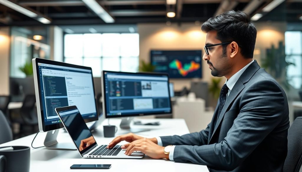 Professional using MacBook Pro in Indian office - MacBook Buyer's Guide 2025 India