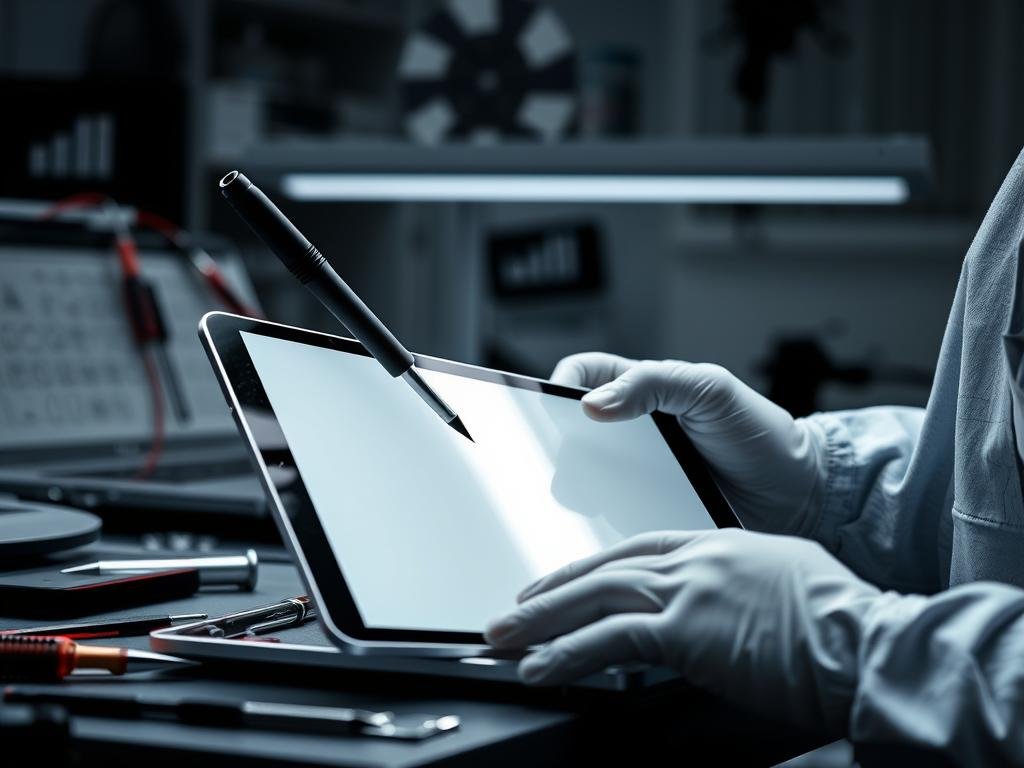 iPad Pro with damaged screen being repaired by technician showing iPad screen replacement cost considerations iPad Pro with damaged screen being repaired by technician showing iPad screen replacement cost considerations