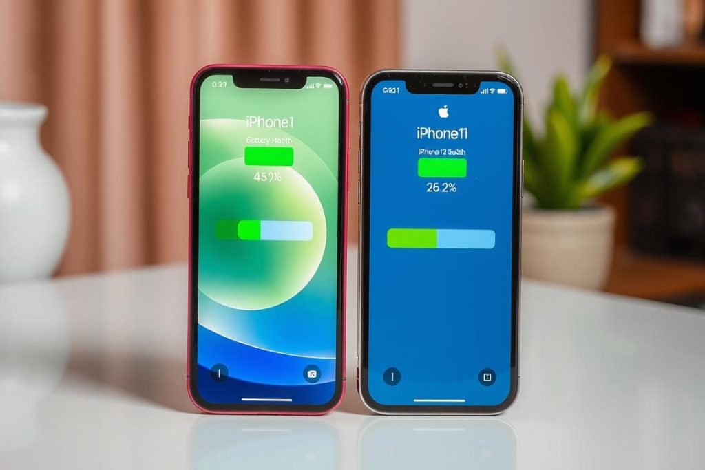 iPhone 12 and iPhone 11 side by side with battery health screens