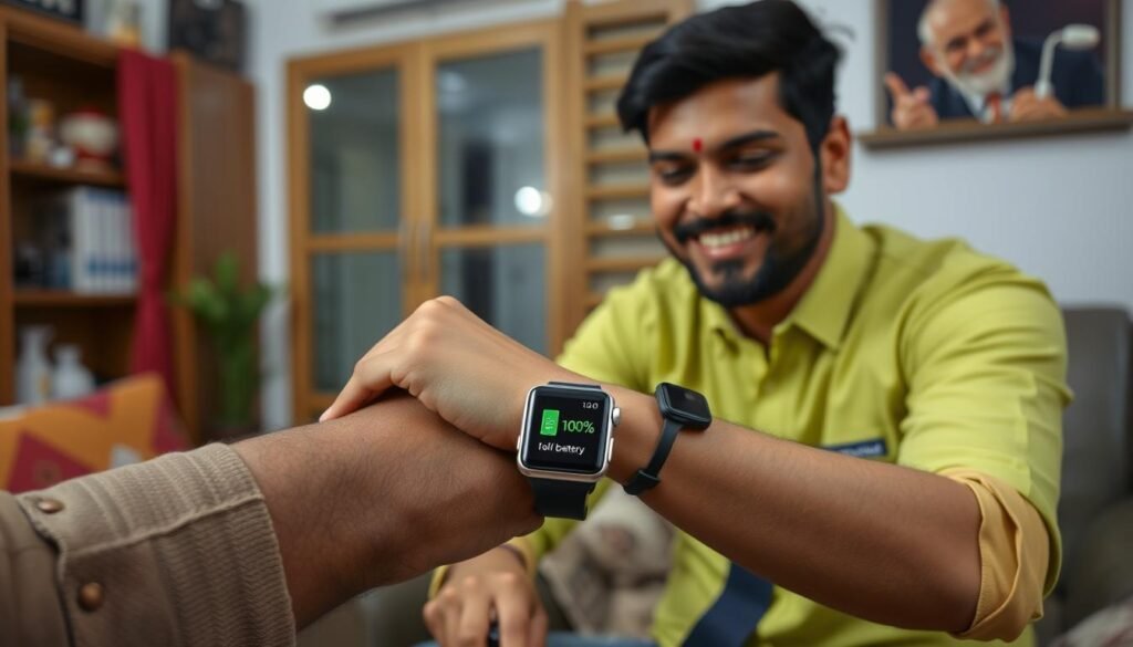 Happy customer with repaired Apple Watch showing full battery life Happy customer with repaired Apple Watch showing full battery life