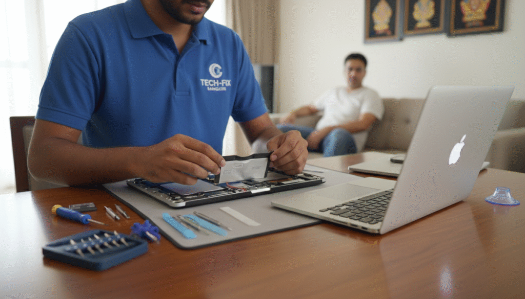 MacBook battery replacement being performed at home in Bangalore