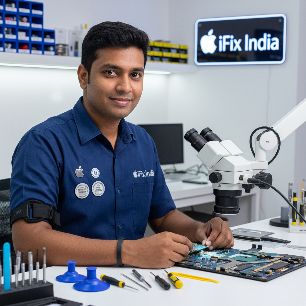 iFix India Apple-certified technician with MacBook tools
